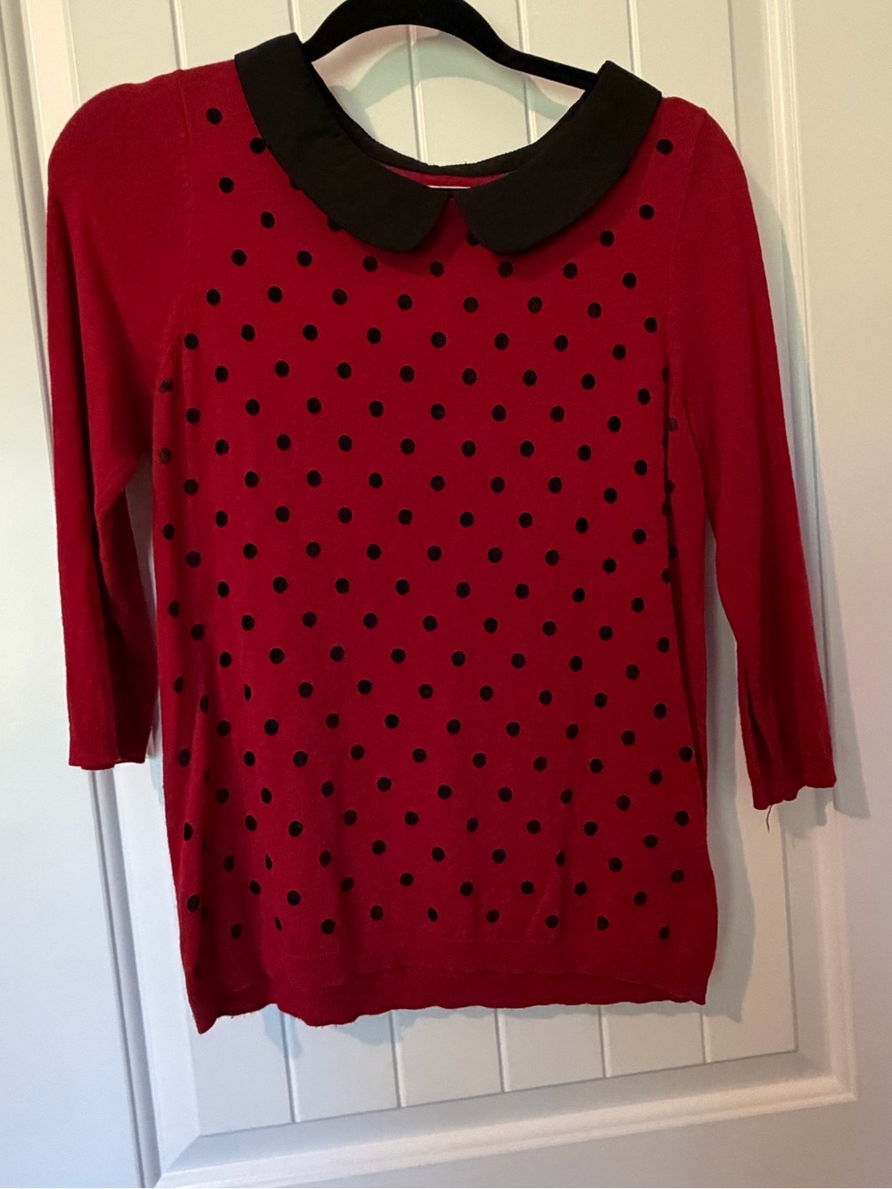 Elle Red Sweater Black Polka Dots Peter Pan Collar size small retro 3/4 sleeve